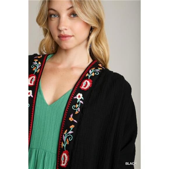 ✨NWT Umgee Embroidery Open Front Kimono with Pleated Shoulder Detail - Picture 4 of 5